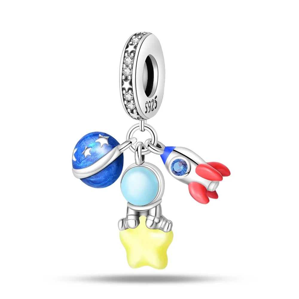 Charme Duplo Dangle em Prata 925, se encaixar pulseira e colar Pandora originais