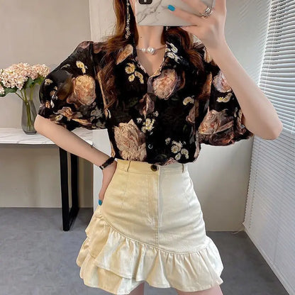 Mulheres coreanas com impresso trajeto blusas de chiffon manga curta, camisas ca